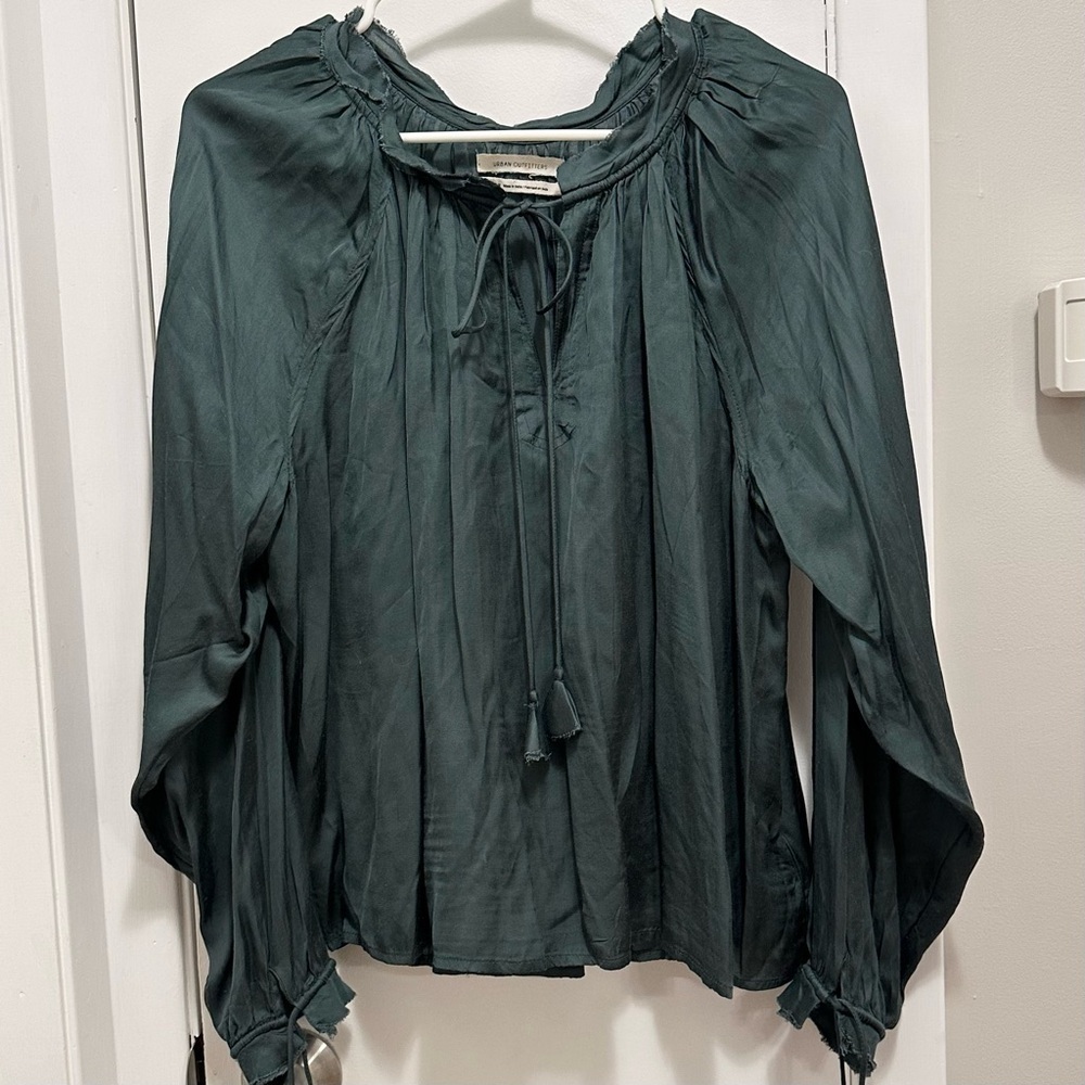 Urban Outfitters Raw Hem Grunge Blouse Soft Top M Tassels Long Sleeve Gray Green
